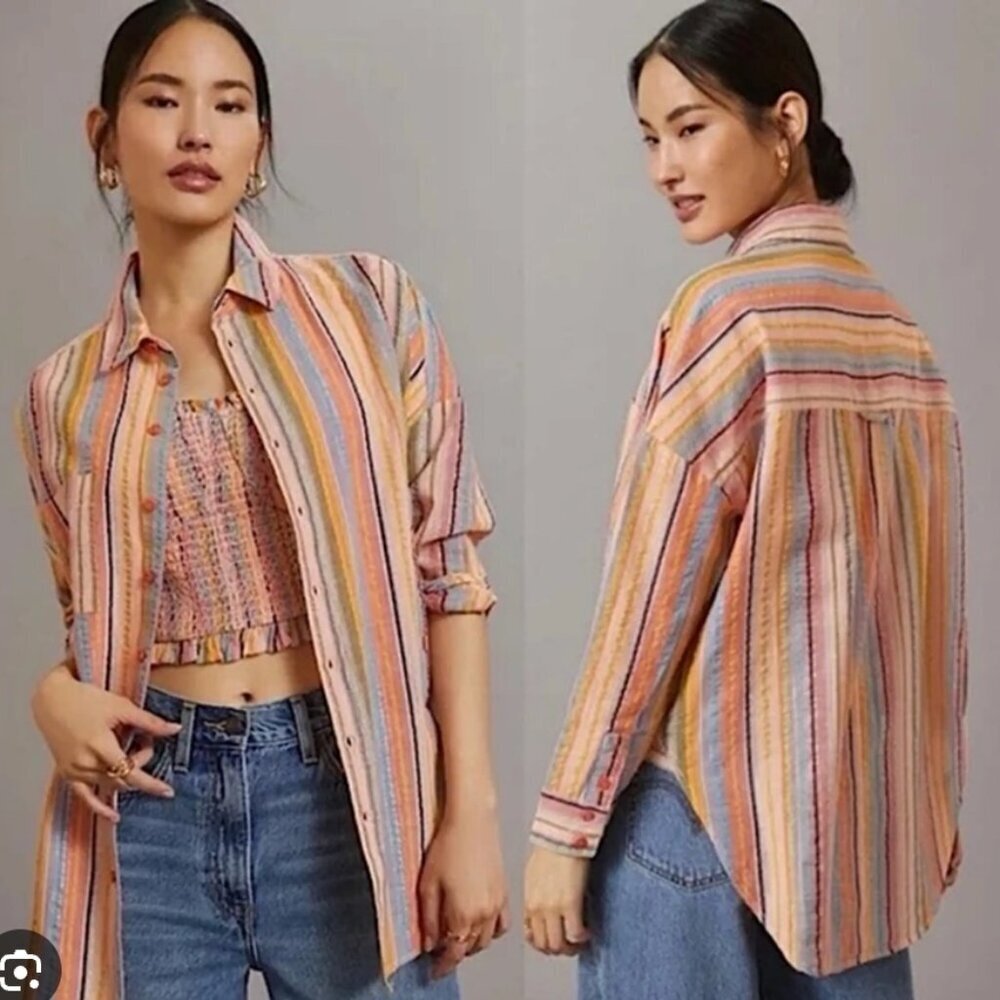 Pilcro Anthropologie L/S Button Up Shirt Womens XS Peach Metallic Striped Spring
